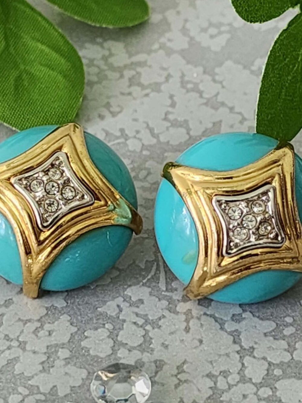 Vintage Joan Rivers Turquoise Enamel Rhinestone Clip-On Earrings Signed